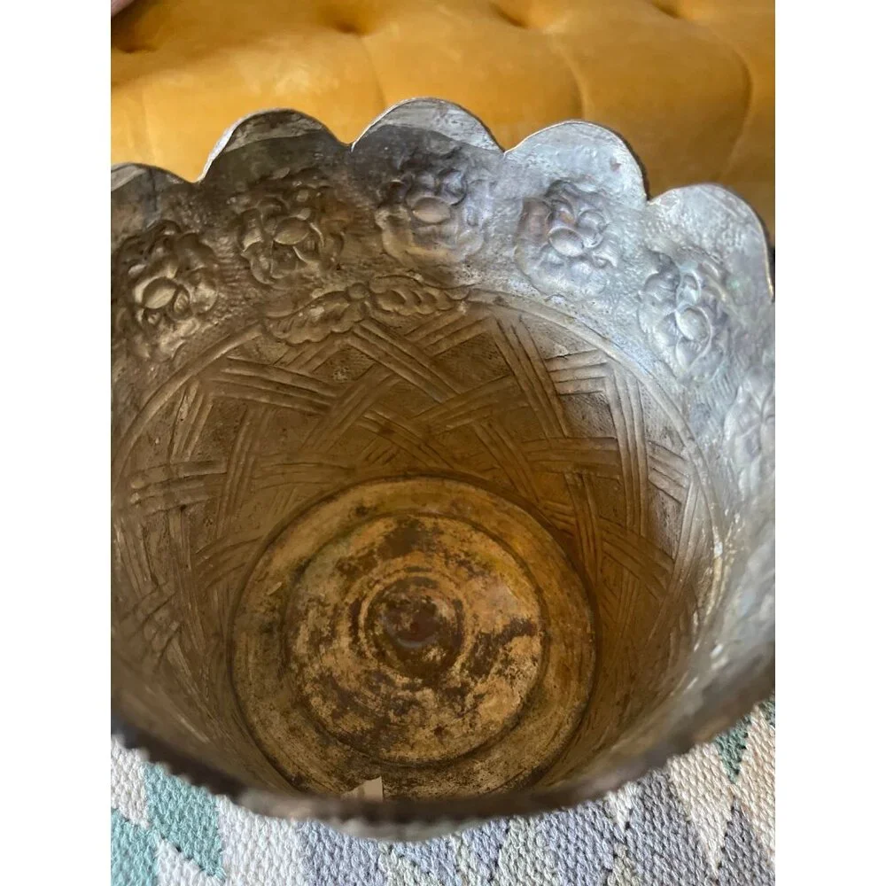 Vintage Indian 1960's Engraved Silverplate Jardiniere Planter Decorative Accent